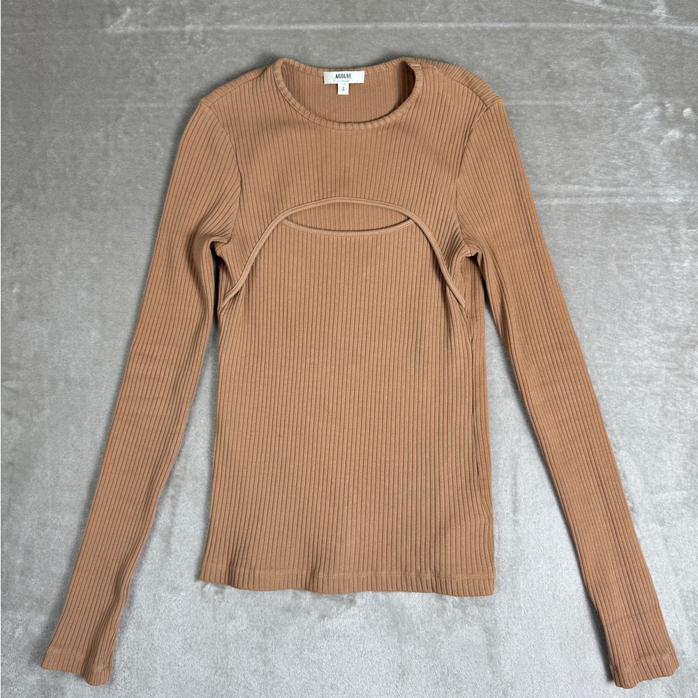 Agolde Women's Top Size Small Tan Neutral Lyza Cut Out Rib Top Classic - Picture 3 of 10